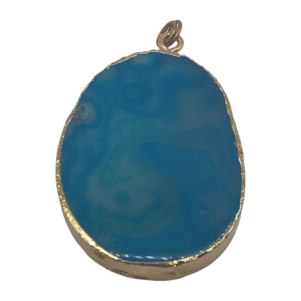 Large Vintage Sliced Blue Agate Pendant Gold Tone Bezel 2" x 1 3/8"